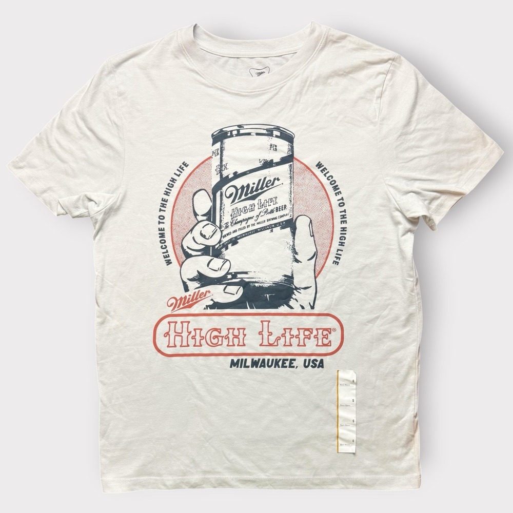Miller High Life Beer Graphic T-Shirt Mens Small Cream Mad Engine Milwaukee USA